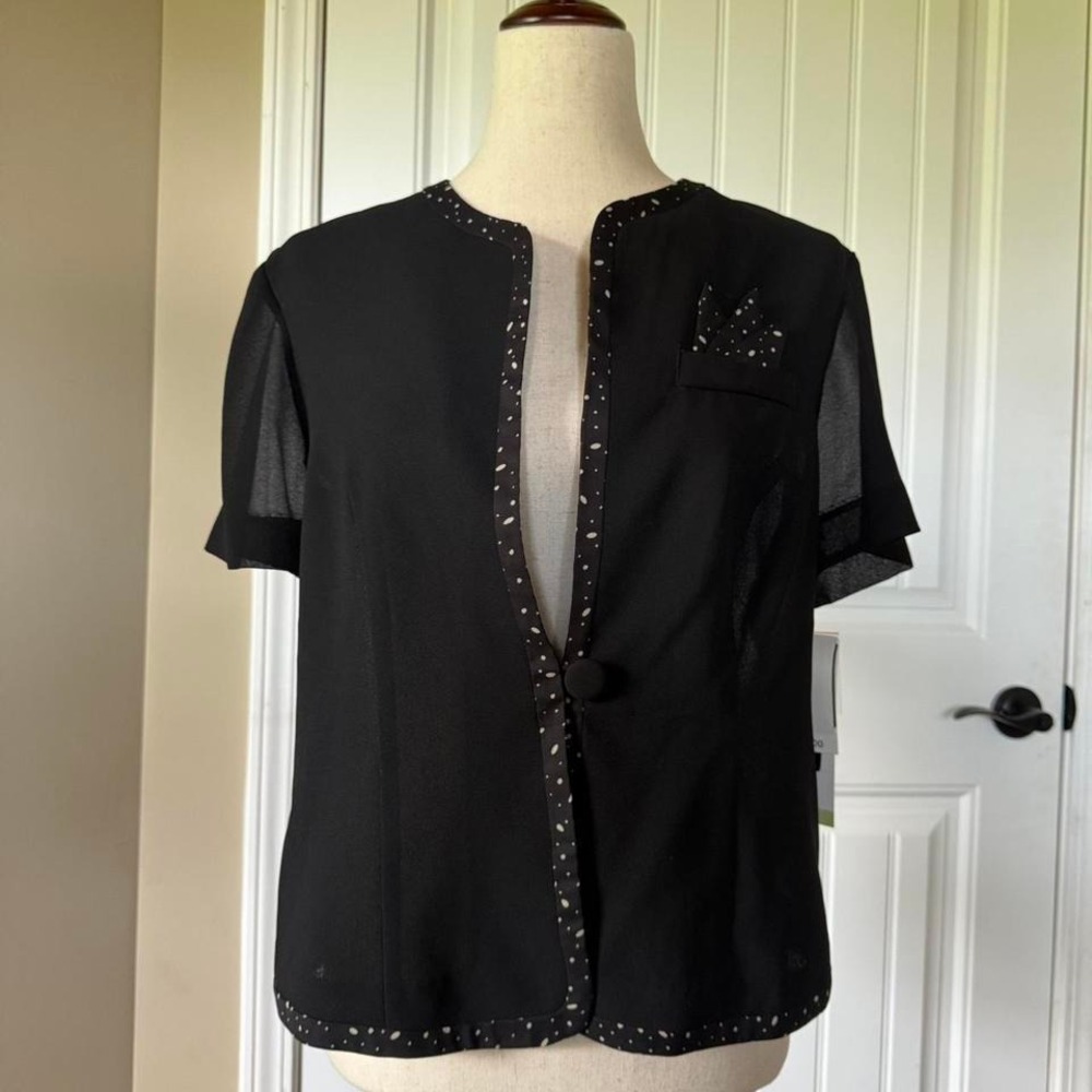 Danny Nicole Black Short Sleeve Open Front Jacket Blouse Size 8 Polka Dot Trim